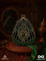 MEHREENA – OVAL DARK GREEN VELVET CLUTCH WITH INTRICATE HANDWORK AND GOLDEN METAL FRAME