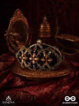 ROHINI – POLISHED BRONZE BROWN TEXTILE CLUTCH WITH FACETED JEWEL ACCENTS AND GOLDEN METAL FRAME