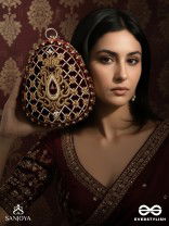 SHAHNAZ – OVAL MAROON VELVET CLUTCH WITH INTRICATE ZARDOZI EMBROIDERY AND GOLDEN METAL FRAME