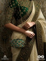 NEELZARA – OVAL DARK GREEN VELVET CLUTCH WITH INTRICATE STONE AND ZARDOZI WORK AND GOLDEN METAL FRAME