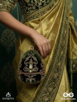 SABREEN - OVAL DEEP OLIVE GREEN VELVET HANDLE CLUTCH WITH RICH HAND DETAILING AND GOLDEN METAL FRAME