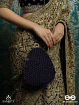 SITARAA – POLISHED OVAL ROYAL BLUE VELVET CLUTCH WITH STONE-ACCENTED HANDWORK AND GOLDEN METAL FRAME