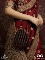 NOOR – OVAL MAROON VELVET CLUTCH WITH RICH ZARDOZI EMBROIDERY AND GOLDEN METAL FRAME