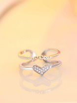 Silverette Love Heart Adjustable CZ Dual Ring