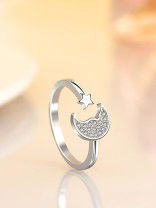 Stars and crescent moon adjustable ring in silver