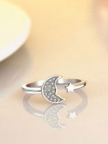 Stars and crescent moon adjustable ring in silver