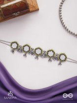 Chāyāmālā-Reflective choker- oxidized choker featuring intricate beadwork, mirrors, ghungroo (small bells), and thread details