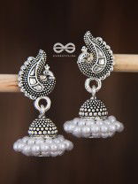The Braided Pearl Peacock Jhumkis - Oxidised Boho Earrings