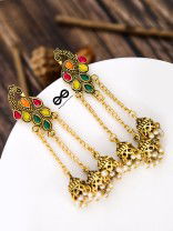 The Golden Embellished Peacock Triple Hanging Jhumkis