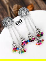 The Fanning Peacock Triple Multicolour Jhumkis - Oxidised Boho Earrings