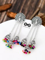 The Fanning Peacock Triple Multicolour Jhumkis - Oxidised Boho Earrings