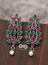 The Shimmering Leaves (Ruby Emerald)- Embellished Oxidised Earrings
