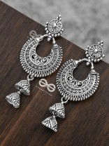 The Motif Moon Double Layered Jhumkis (Silver)