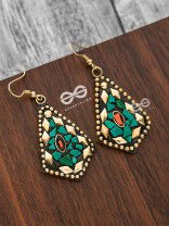 A Handcrafted Delight - Golden Turquoise Tribal Style Earrings