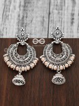 The Motif Moon Pearled Jhumis(Silver-Pearl) - Oxidised Boho Earrings