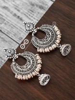 The Motif Moon Pearled Jhumis(Silver-Pearl) - Oxidised Boho Earrings
