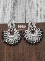 The Peacock Motif Moon Black Pearl Earrings - Silver