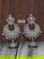 The Motif Moon Pearled Jhumkis(Silver-Black) - Oxidised Boho Earrings
