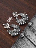 The Motif Moon Pearled Jhumkis(Silver-Black) - Oxidised Boho Earrings