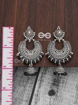 The Motif Moon Pearled Jhumkis(Silver-Black) - Oxidised Boho Earrings