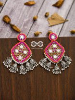 An Intricate Mirror Work Multi Jhumki Embroidered Earrings (Pink)