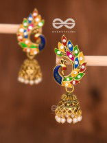 The Little Meenakari Artwork Peacock Jhumkis (Golden)