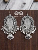 The Motif Mirror Frame Jhumkis - Oxidised Boho Earrings