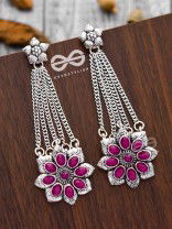 The Floral Finesse - Embellished Oxidised Earrings (Ruby Red)