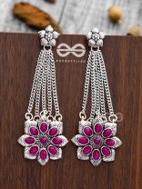 The Floral Finesse - Embellished Oxidised Earrings (Ruby Red)