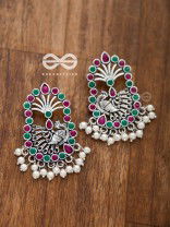 The Delightful Peacock artwork (Ruby-Emerald) - Embellished Oxidised Earrings