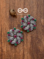 The Whimsical Whirlpools - Embellished Oxidised Studs (Ruby-Emerald)
