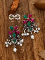 'A Floral Fantasy' - Embellished Oxidised Earrings (Ruby-Emerald)