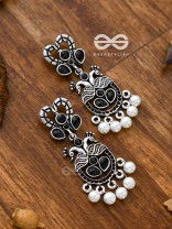 The Enigmatic Peacock Artwork Earrings (Onyx Black) - Embellished Oxidised Collection