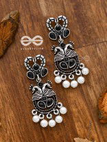 The Enigmatic Peacock Artwork Earrings (Onyx Black) - Embellished Oxidised Collection