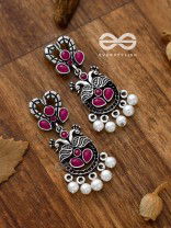 The Enigmatic Peacock Artwork Earrings (Ruby Red) - Embellished Oxidised Collection