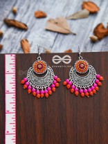 The Delightful Motif Moon (Orange-Pink) - Embroidered Oxidised Earrings