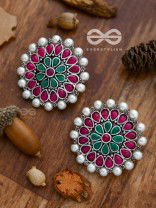 The classy Desire perfect pearl Embellished Statement Studs (Ruby Emerald)