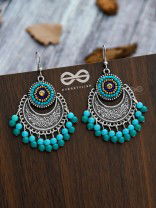 The Elegant Motifs (Teal-Blue) - Embroidered Oxidised Earrings 