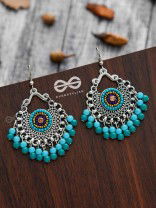 The Splendid Stunners (Teal-Blue) - Embroidered Oxidised Earrings