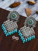 The Criss-Cross Embroidered Sun (Blue) - Embroidered Oxidised Earrings