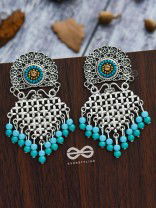 The Criss-Cross Embroidered Sun (Blue) - Embroidered Oxidised Earrings