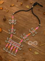The Bohemian Jaw Droppers - Statement Set of  Meenakari Neckpiece and Earrings (Orange-Pink)
