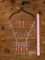 The Bohemian Jaw Droppers - Statement Set of  Meenakari Neckpiece and Earrings (Orange-Pink)
