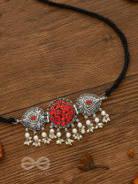 The Intricate Epitome - Embellished Oxidised Set of Choker and Earrings (Carmine Red)