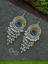 The Peacock Feather Jhallars - Oxidised Boho Earrings