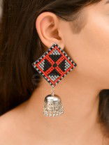 The Aztec Kite Jhumkas - Statement Embroidered Earrings (Red - Black)