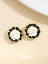 Rosy Dusk- Black and White Enamelled Golden Earrings