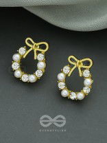 Pearl-fect Bows - Pearl and CZ Stone Studded Golden Earrings