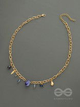 Fragments of the Sky- Blue Crystals Studded Golden Necklace