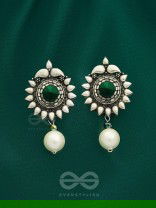 The Emerald Sun- Green Crystal Encrusted Silver Pearl Earrings